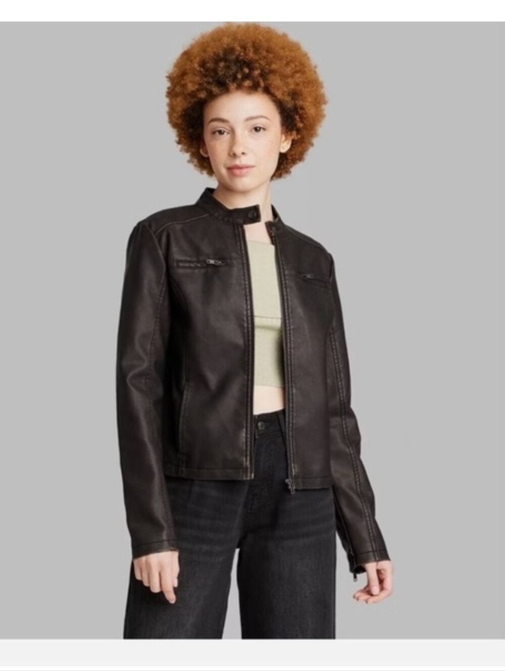 Wild Fable Women's Faux Leather Racing Jacket Black Full Zip Long Sleeve Size S